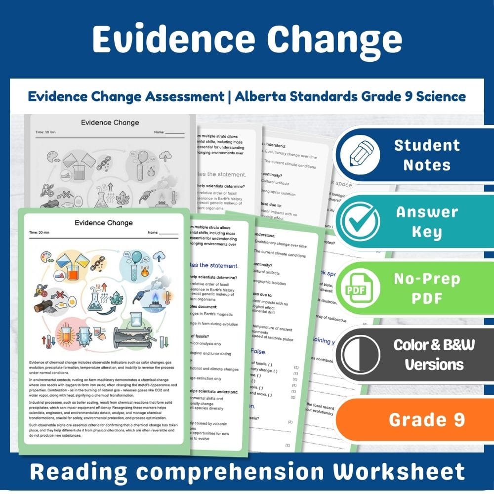 Grade 9 Science assessment worksheet — Evidence Change Assessment | Alberta Standards Grade 9 Science — page 1