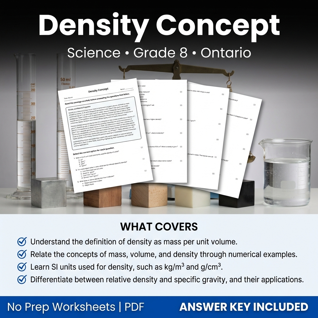 Density Concept Worksheet | Grade 8 Science | Ontario Standards