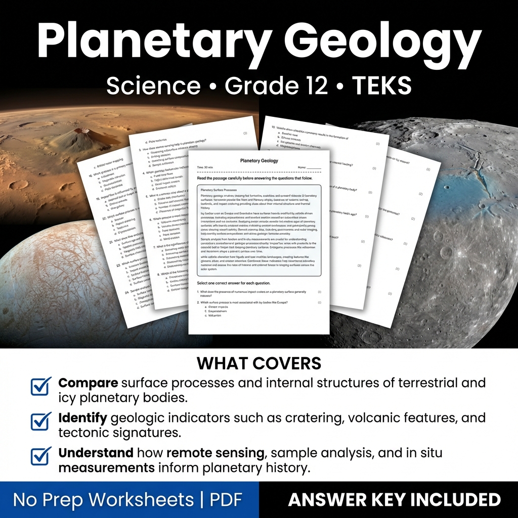 Planetary Geology Grade 12 Science Worksheet | TEKS Practice PDF