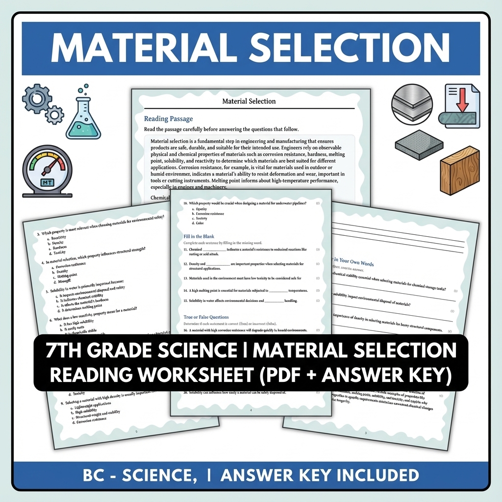7th Grade Science | Material Selection Reading Worksheet (PDF + Answer Key)