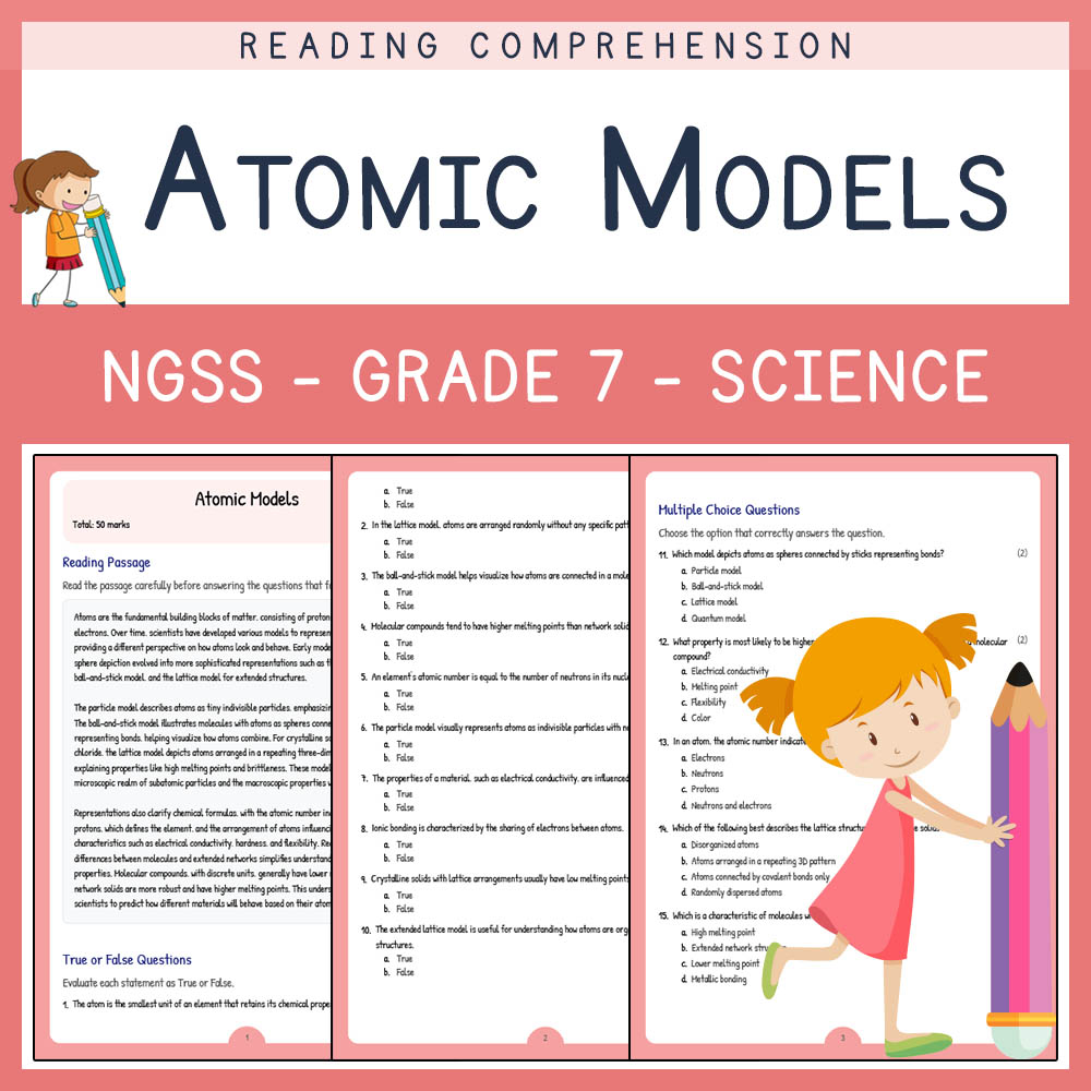 Grade 7 Science worksheet worksheet — Grade 7 Science | Atomic Models Worksheet & Answer Key (NGSS-Aligned PDF) — page 1