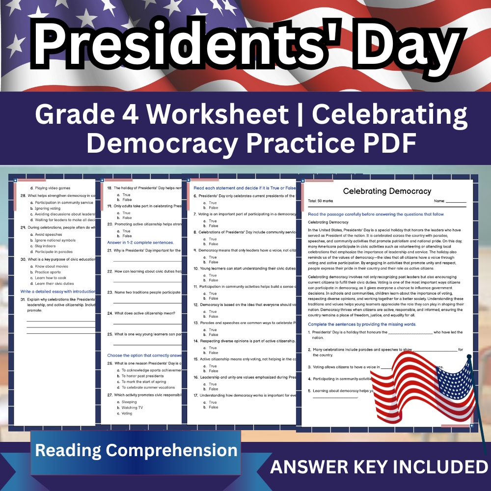 Grade 4 Seasonal Worksheet | Celebrating Democracy PDF for Student Practice