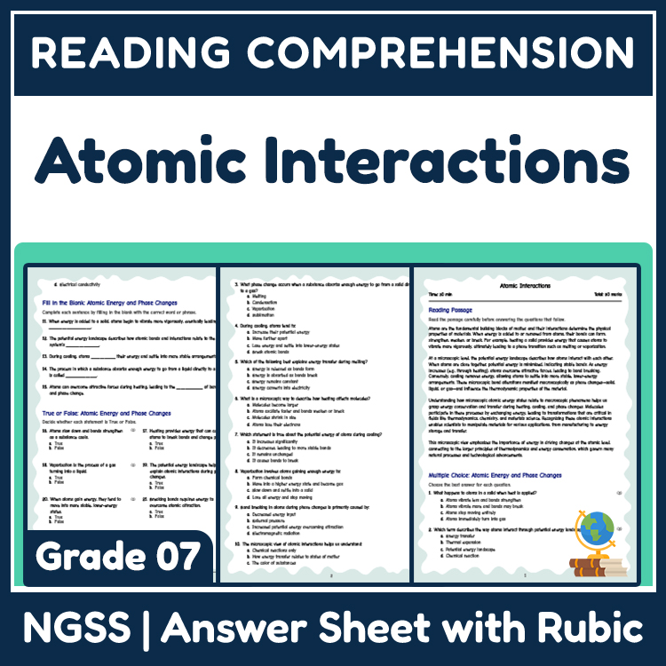 Grade 8 Science reading worksheets worksheet — Grade 8 Science | Atomic Interactions Reading Worksheets (Answer Key) — page 1