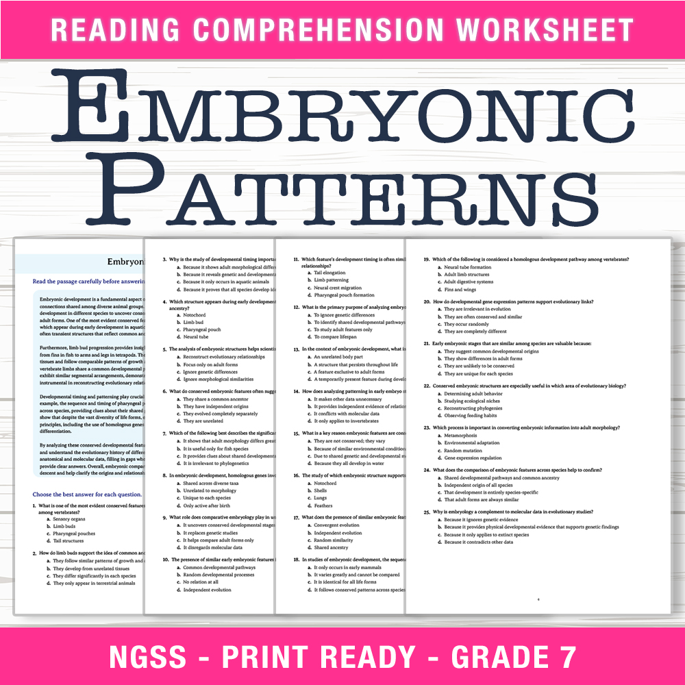 Grade 7 Science worksheet worksheet — Grade 7 Science | Embryonic Patterns Worksheet (PDF + Answer Key) — page 1