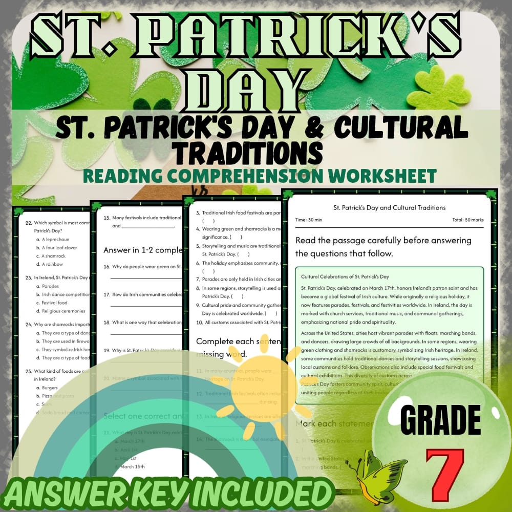 Grade 7 Holiday Bundle | St. Patrick's Day Cultural Traditions and Irish Legends — included worksheet 2