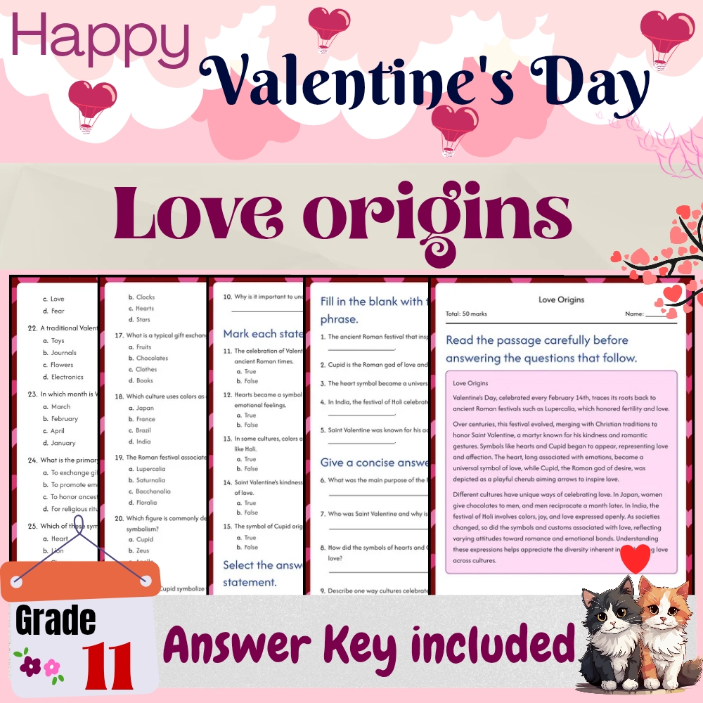 Grade 11 Seasonal Bundle Valentine’s Day Symbols & Love Origins (PDF+Answer Key) — included worksheet 1