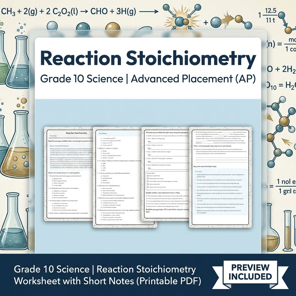 Grade 10 Science | Reaction Stoichiometry Worksheet with Short Notes (PDF)