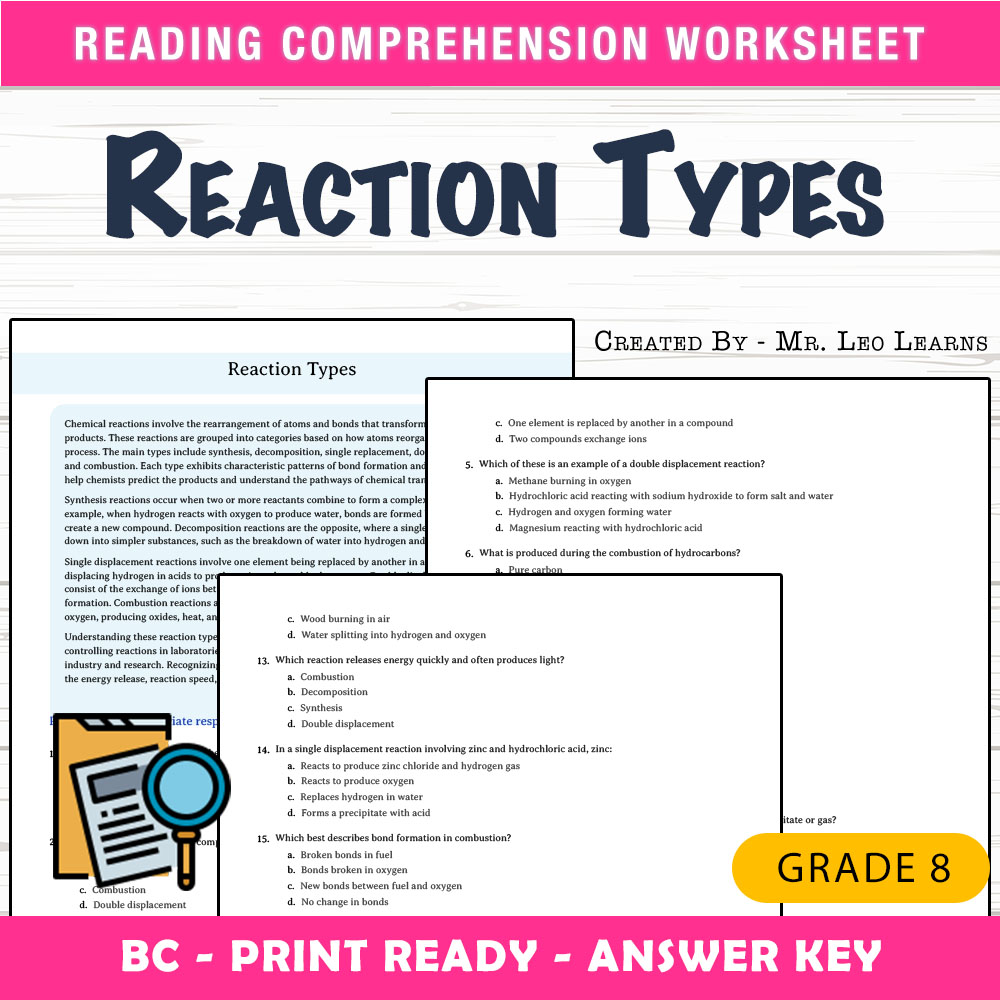 Grade 8 Science worksheet mcq paper worksheet — Grade 8 Science — Worksheet MCQ Paper for Mastering Reaction Types — page 1