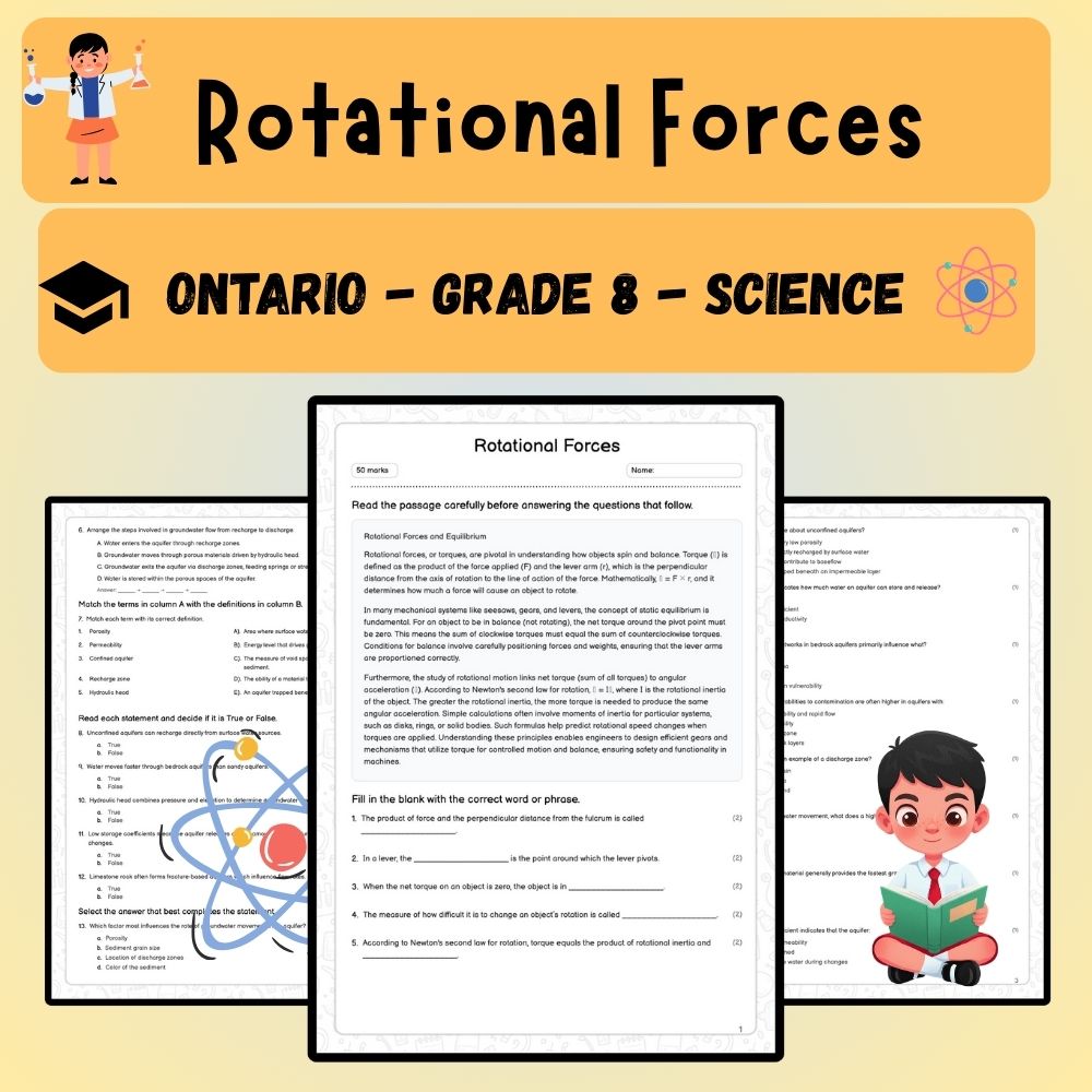 Grade 8 Science worksheet worksheet — Grade 8 Science | Rotational Forces Worksheet (PDF ) - Ontario Standards — page 1