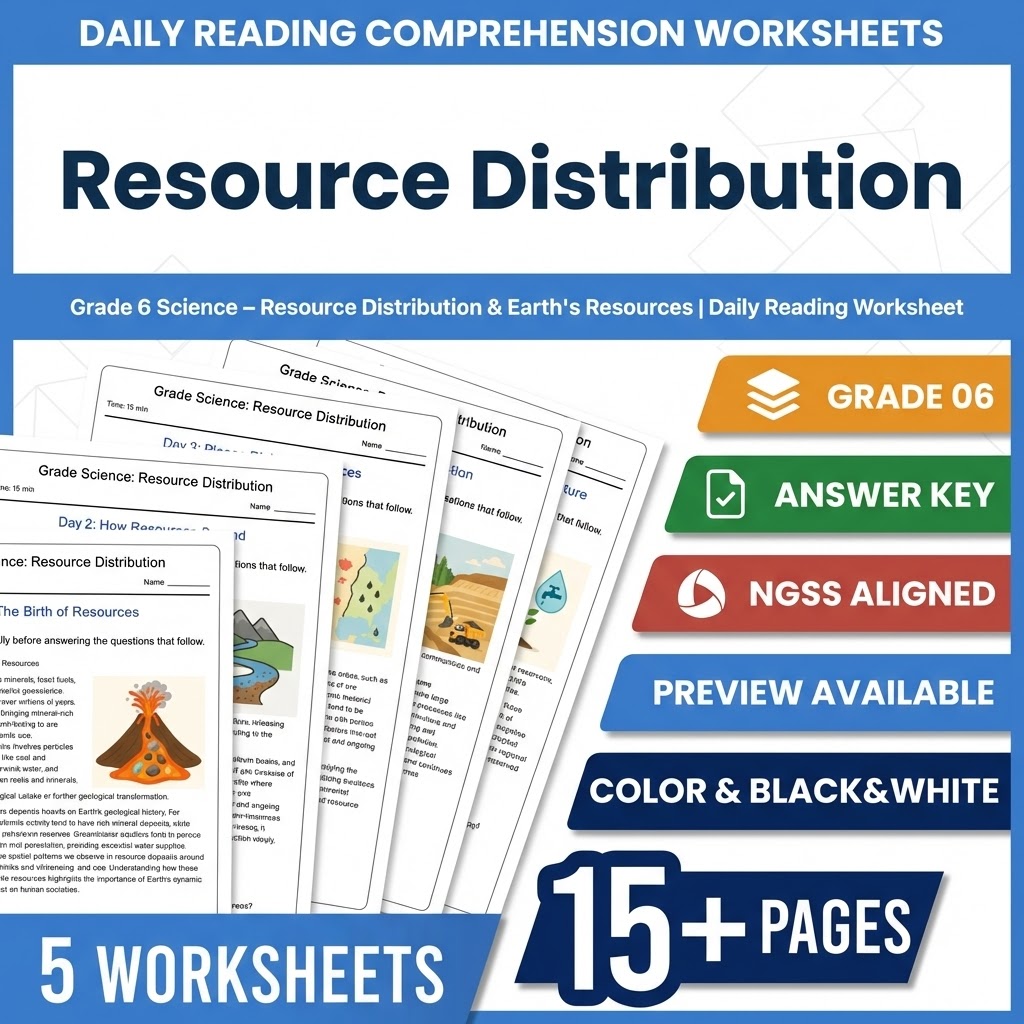 Grade 6 Science daily reading worksheet — Grade 6 Science – Resource Distribution & Earth's Resources | Daily Reading