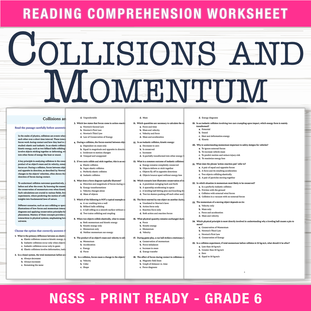 Grade 6 Science worksheet worksheet — 6th Grade Science | Collisions and Momentum Worksheet (PDF + Answer Key) — page 1