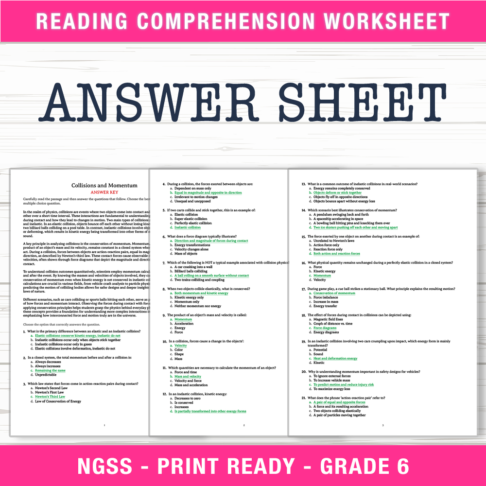 Grade 6 Science worksheet worksheet — 6th Grade Science | Collisions and Momentum Worksheet (PDF + Answer Key) — page 2