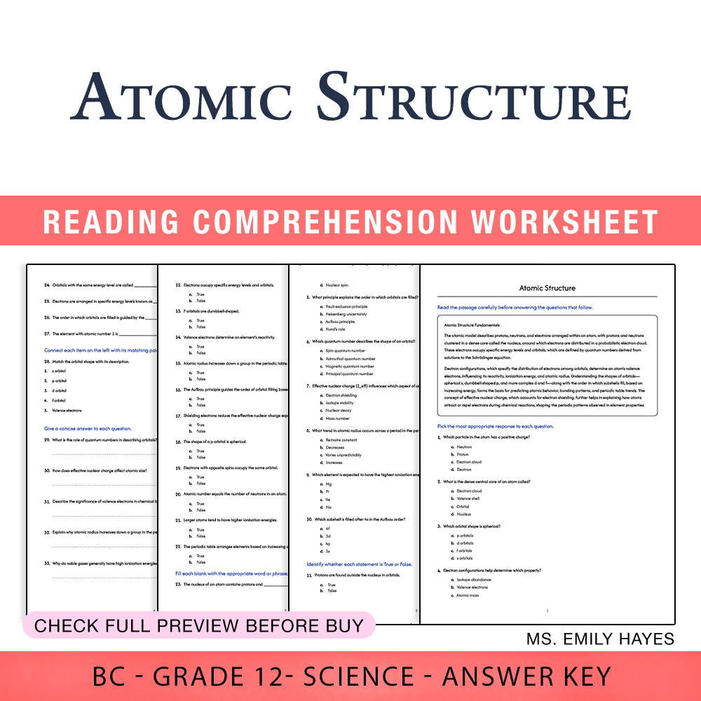 Grade 12 Science worksheet worksheet — Grade 12 Science | Atomic Structure Worksheet (PDF + Answer Key) — page 1