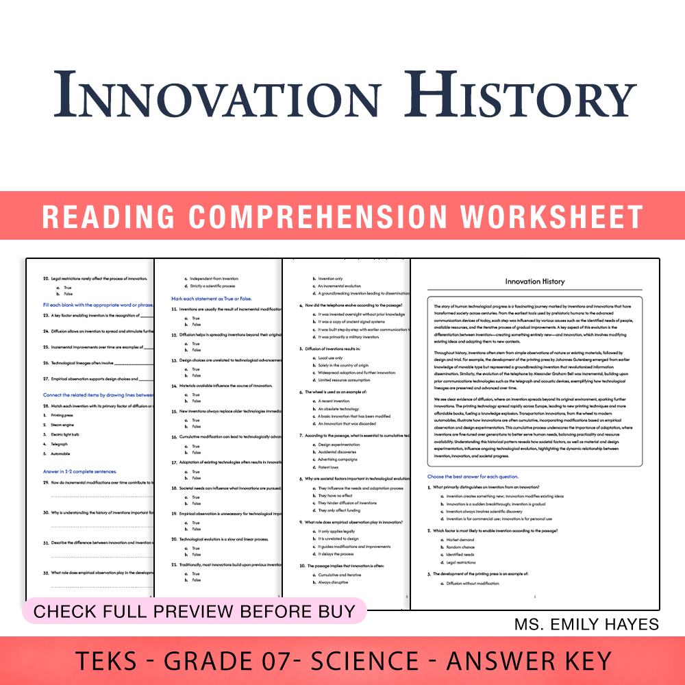 Grade 7 Science worksheet worksheet — 7th Grade Science | Innovation History Worksheet (PDF+ Answer Key) — page 1