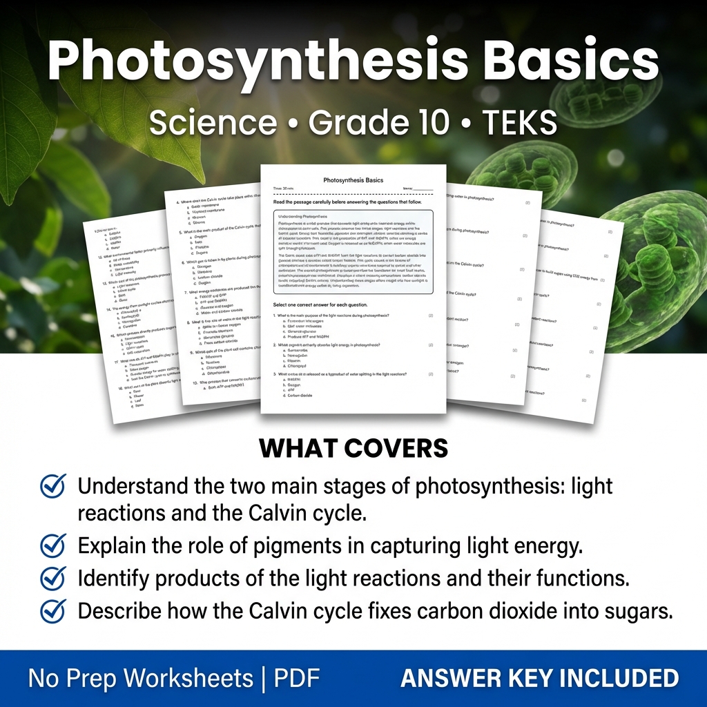 Photosynthesis Basics Worksheet for Grade 10 Science TEKS Practice