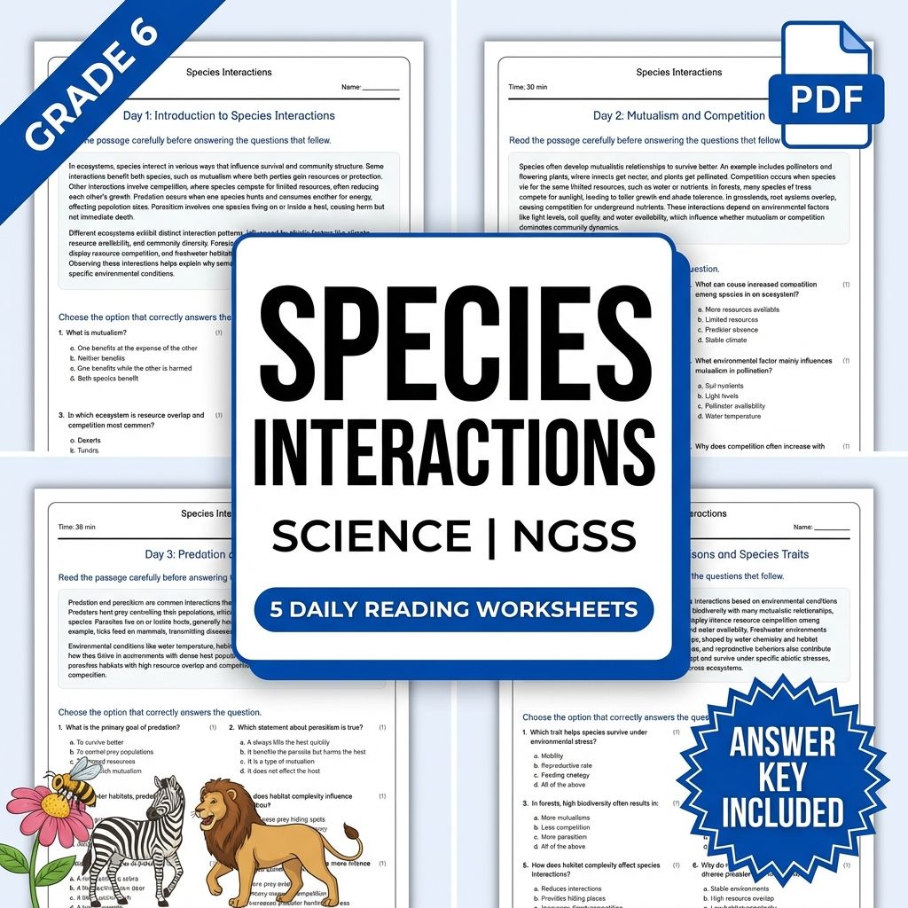 6th Grade Science | Species Interactions Reading Worksheet (PDF+ Answer Key)