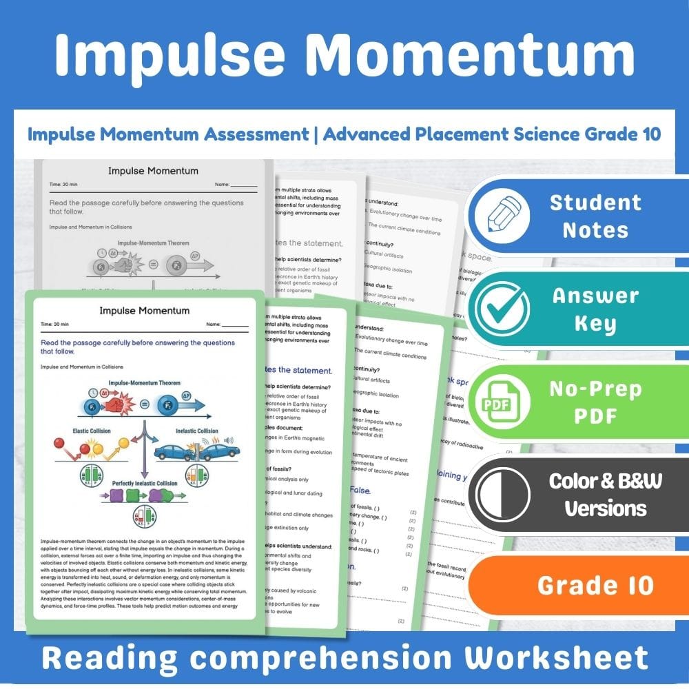 Grade 10 Science assessment worksheet — Impulse Momentum Assessment | Advanced Placement Science Grade 10 — page 1