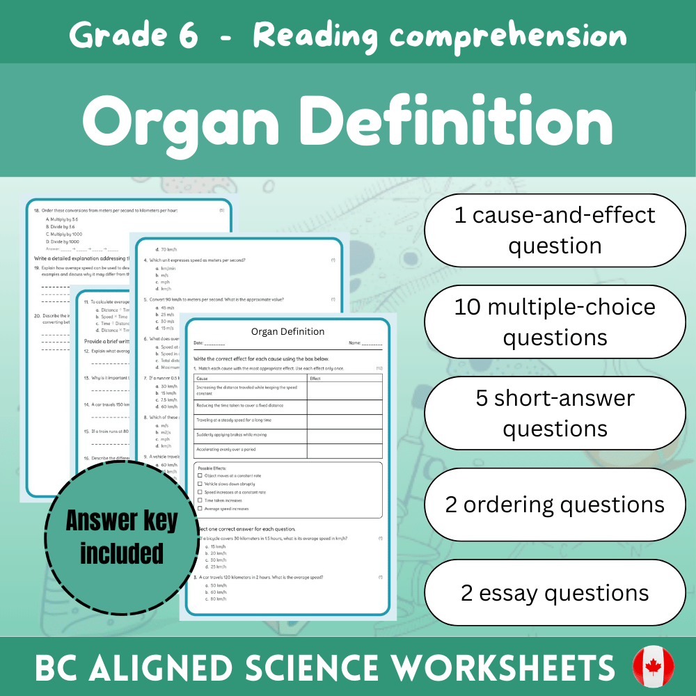 Grade 6 Science science 1 worksheet — 6th Grade Science | Organ Definition Worksheet (PDF) aligned with BC standards