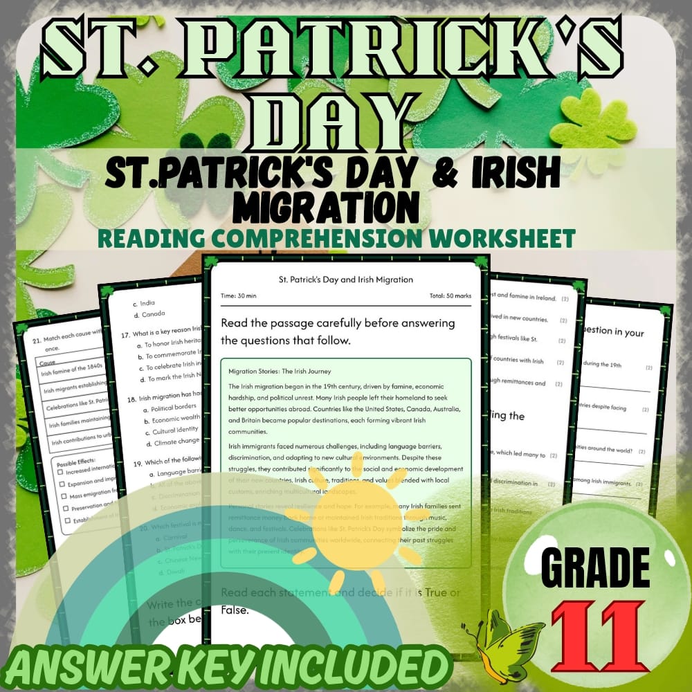 Grade 11 Holiday Activities Bundle | St. Patrick's Day Irish Heritage & Culture — included worksheet 1