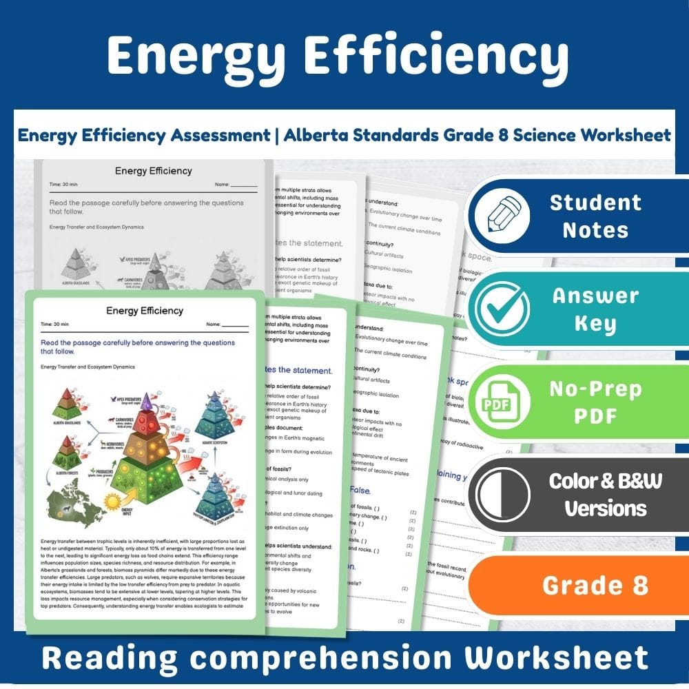 Grade 8 Science assessment worksheet — Energy Efficiency Assessment | Alberta Standards Grade 8 Science Worksheet — page 1