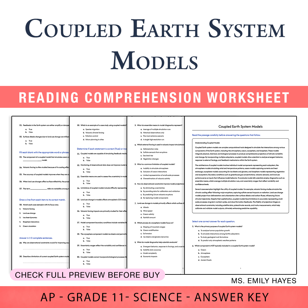 Grade 11 Science worksheet worksheet — Grade 11 Science | Coupled Earth System Models Worksheet (PDF+ Answer Key) — page 1