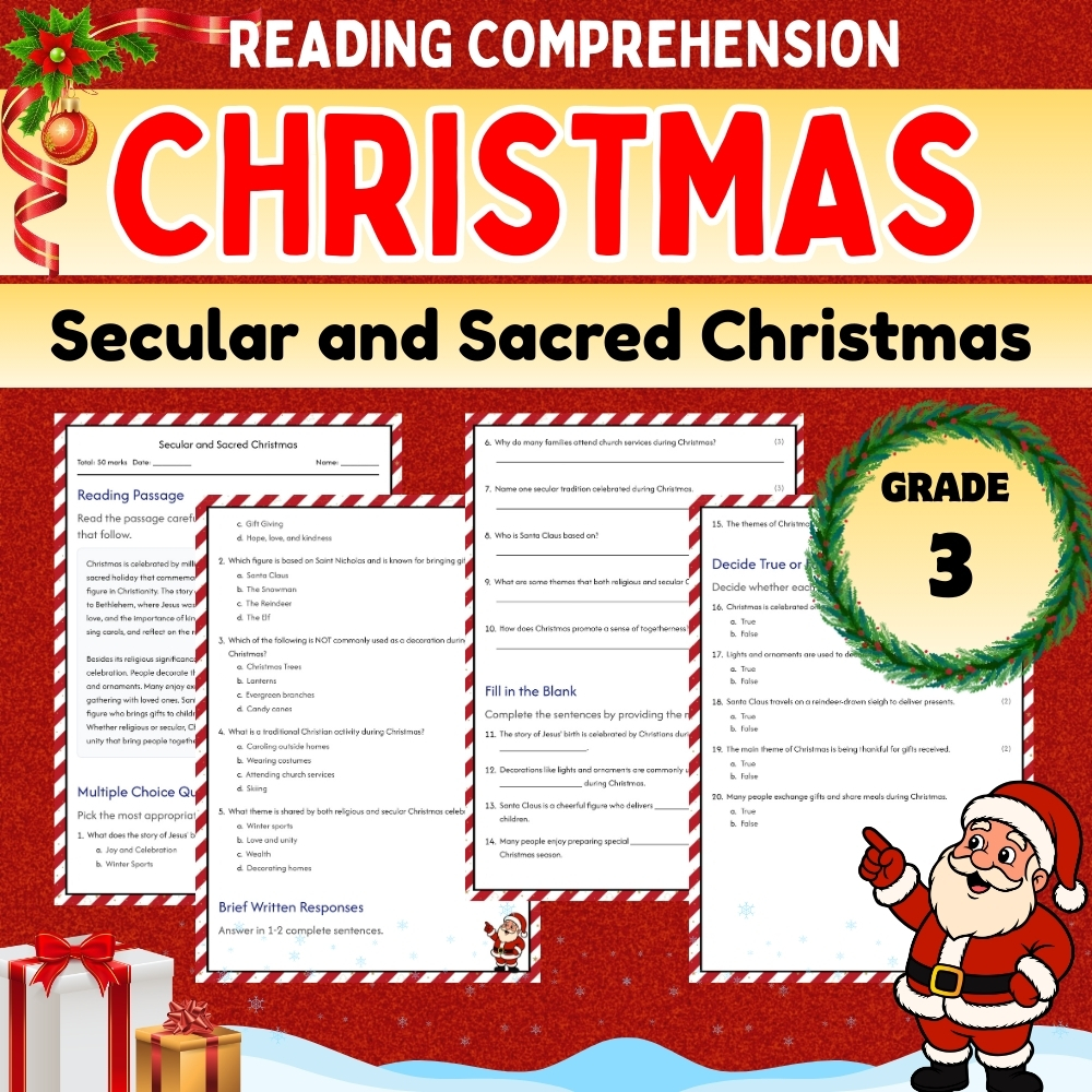 Grade 3 Seasonal Christmas Worksheet – Sacred & Secular Traditions
