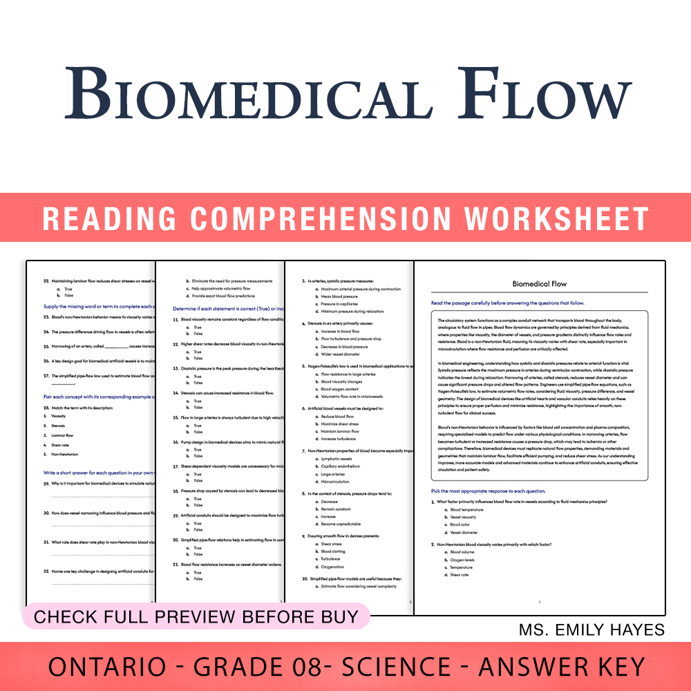 Grade 8 Science worksheet worksheet — Grade 8 Science | Biomedical Flow Worksheet (PDF+ Answer Key) — page 1