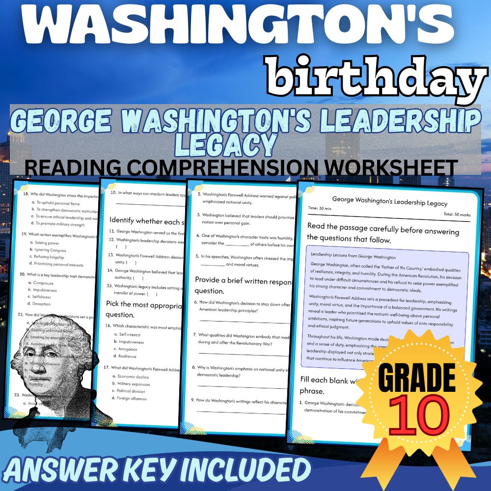 Grade 10 Holiday Washington’s Leadership Legacy Worksheet (PDF + Answer Key)