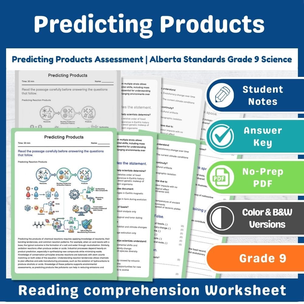 Grade 9 Science assessment worksheet — Predicting Products Assessment | Alberta Standards Grade 9 Science — page 1