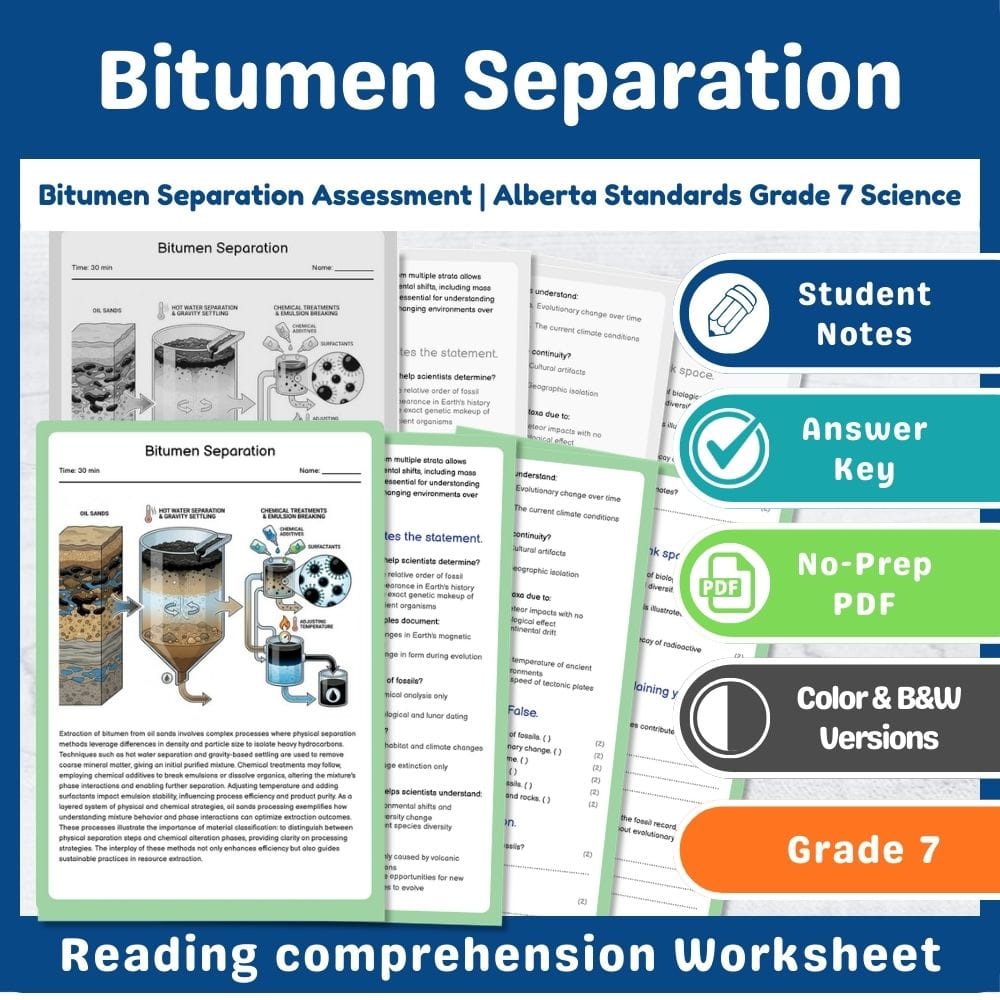 Grade 7 Science assessment worksheet — Bitumen Separation Assessment | Alberta Standards Grade 7 Science — page 1