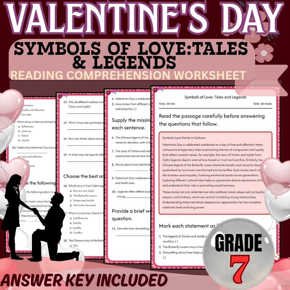 Grade 7 Holiday Valentine Day Symbols of Love Worksheet | PDF + Answer Key