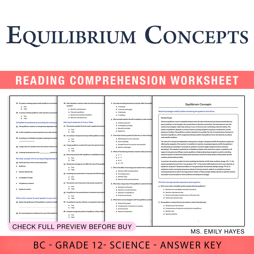 Grade 12 Science worksheet worksheet — Grade 12 Science | Equilibrium Concepts Worksheet (PDF + Answer Key) — page 1
