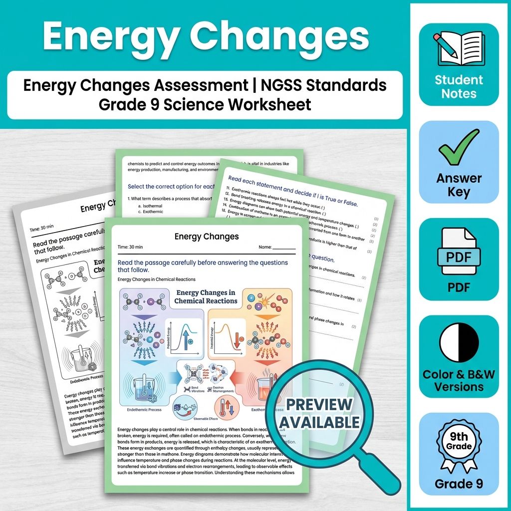 Energy Changes Assessment | NGSS Standards Grade 9 Science Worksheet