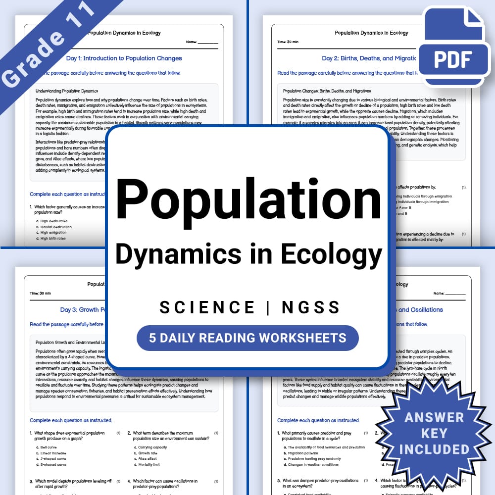 Grade 11 Science daily reading worksheet worksheet — Grade 11 Science – Population Dynamics in Ecology Worksheet (PDF +Ans…