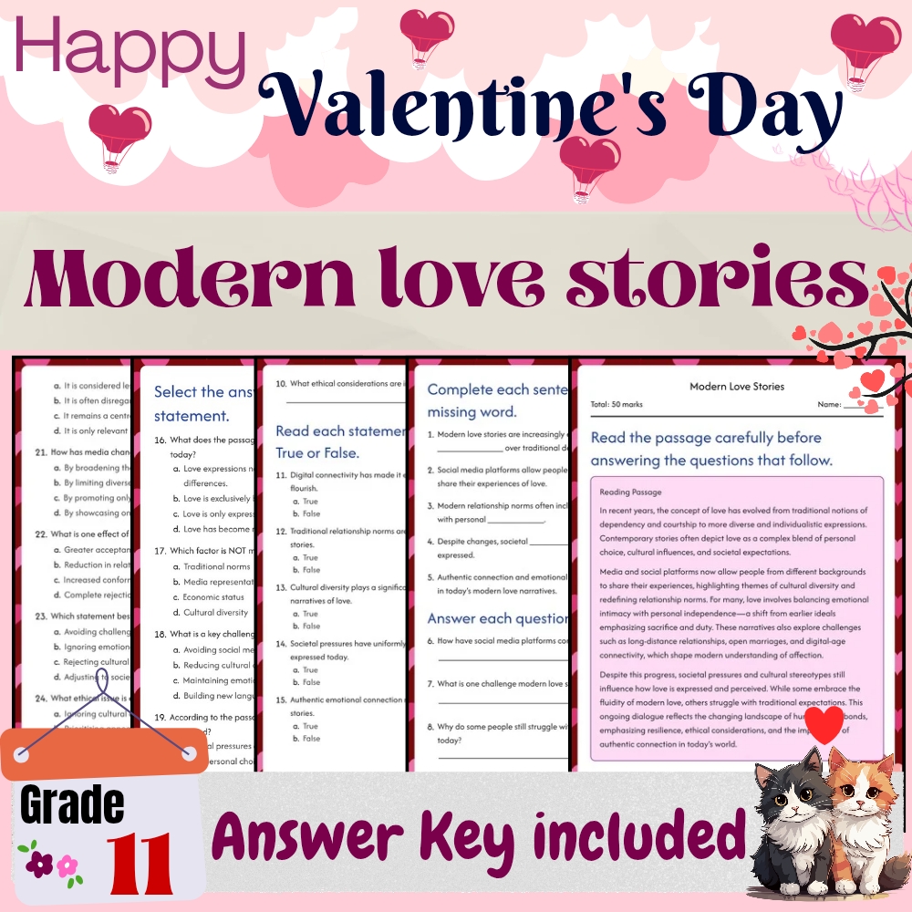 Grade 11 Seasonal Bundle Valentine’s Day Symbols & Love Origins (PDF+Answer Key) — included worksheet 2
