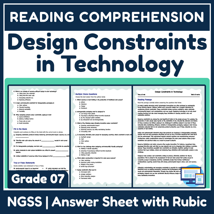 Science reading worksheets worksheet — Grade 7 Science | Design Constraints in Technology Reading Worksheet (NGSS) — page 1