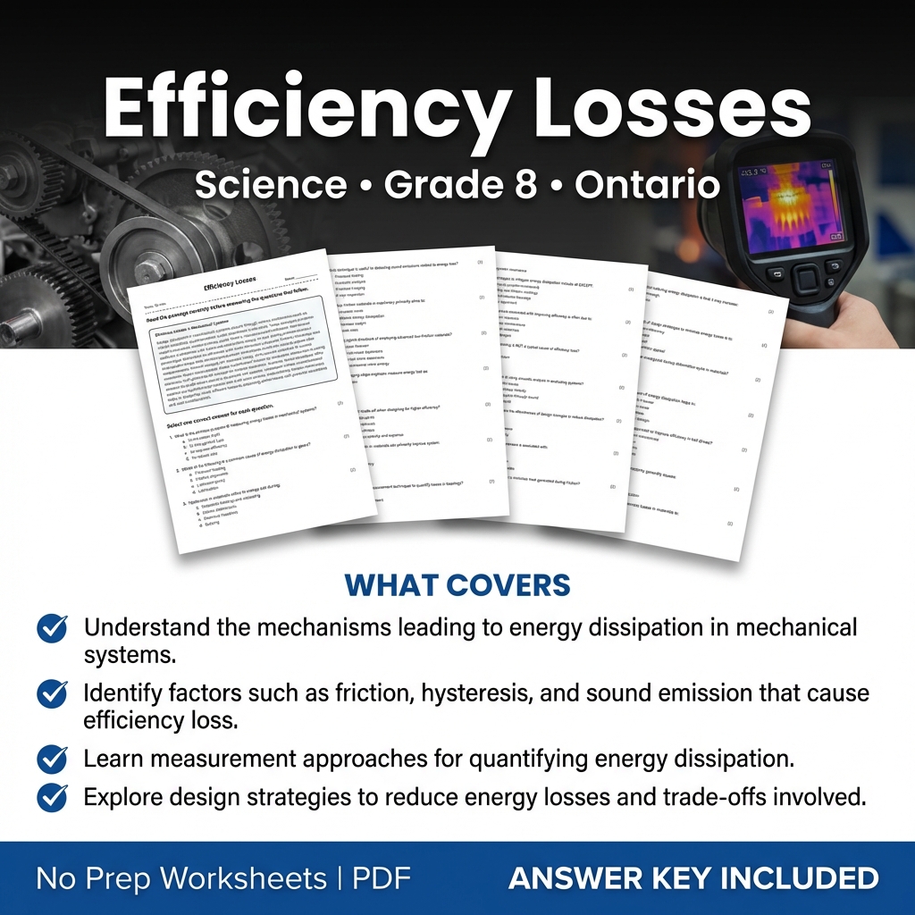 Efficiency Losses Science Worksheet | Grade 8 Ontario Standards