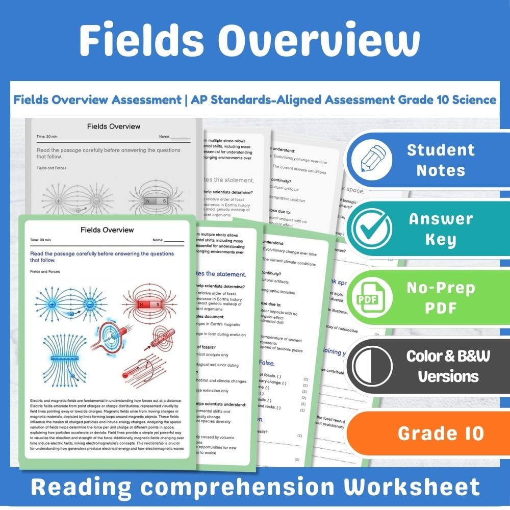 Grade 10 Science assessment worksheet — Fields Overview Assessment | AP Standards-Aligned Assessment Grade 10 Science — pa…