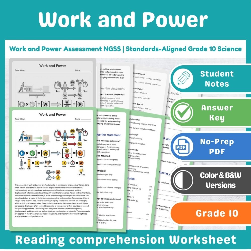 Grade 10 Science assessment worksheet — Work and Power Assessment NGSS | Standards-Aligned Grade 10 Science