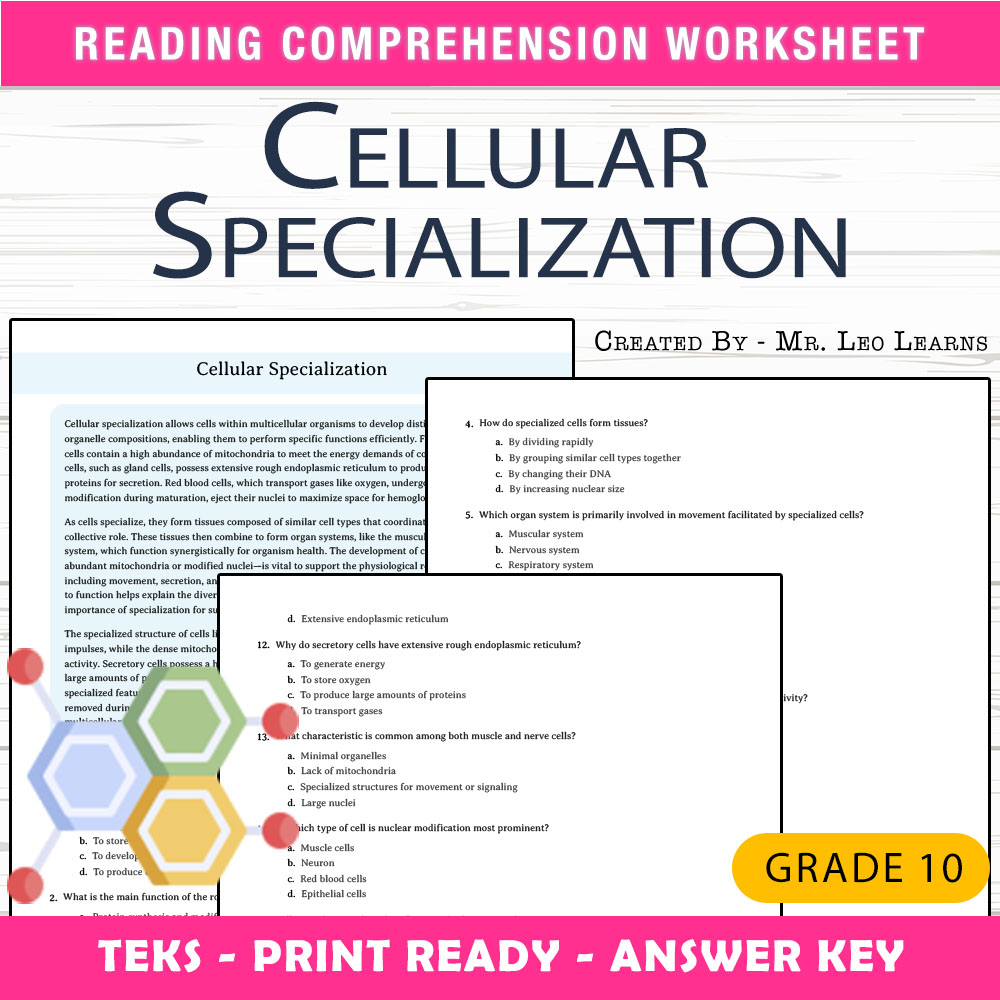 Grade 10 Science worksheet worksheet — Grade 10 Science – Cellular Specialization Worksheet for Mastering Cell Functions —…