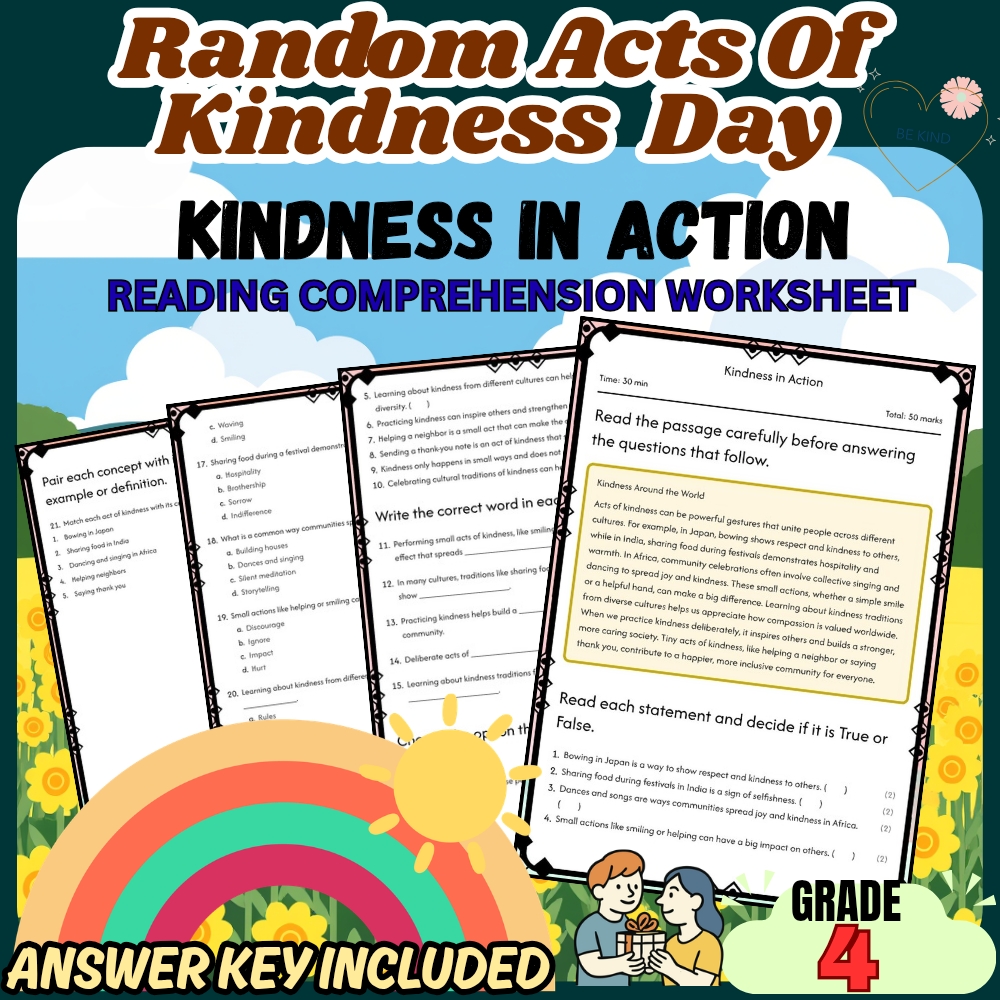 Grade 4 Random acts of kindness Worksheet for Cultural Traditions|PDF+Answer Key