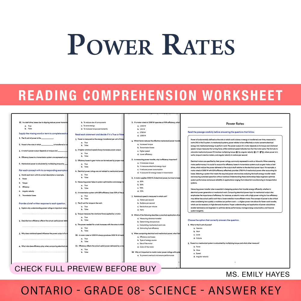 Grade 8 Science worksheet worksheet — Grade 8 Science | Power Rates Worksheet (PDF+ Answer Key) — page 1