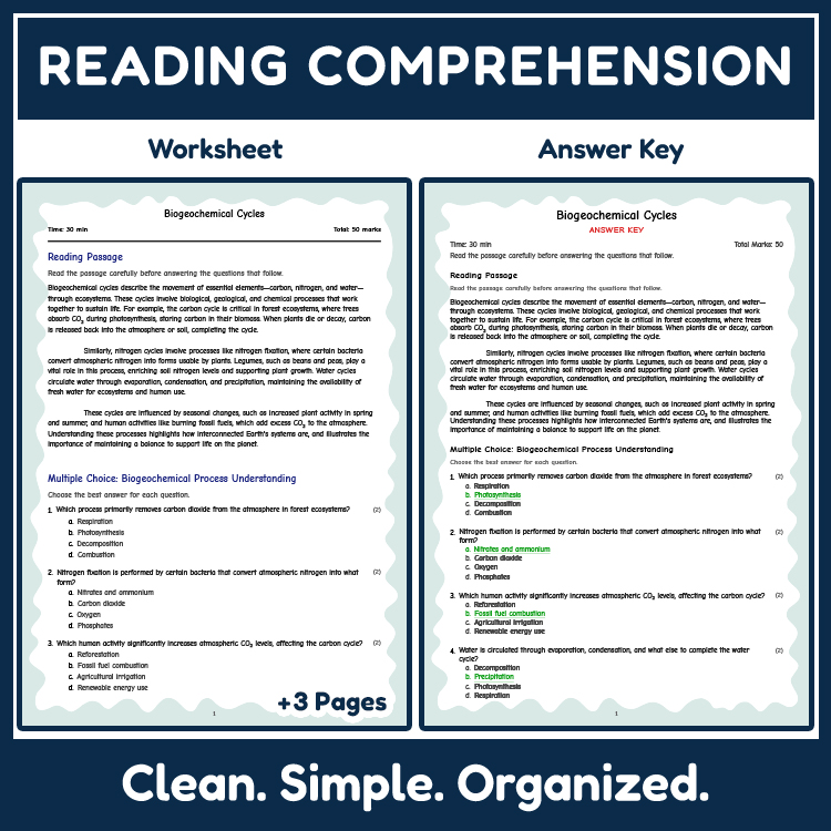 Grade 8 Science reading worksheets worksheet — Grade 8 Science | Biogeochemical Cycles Reading Worksheet (Answer Key) — pa…