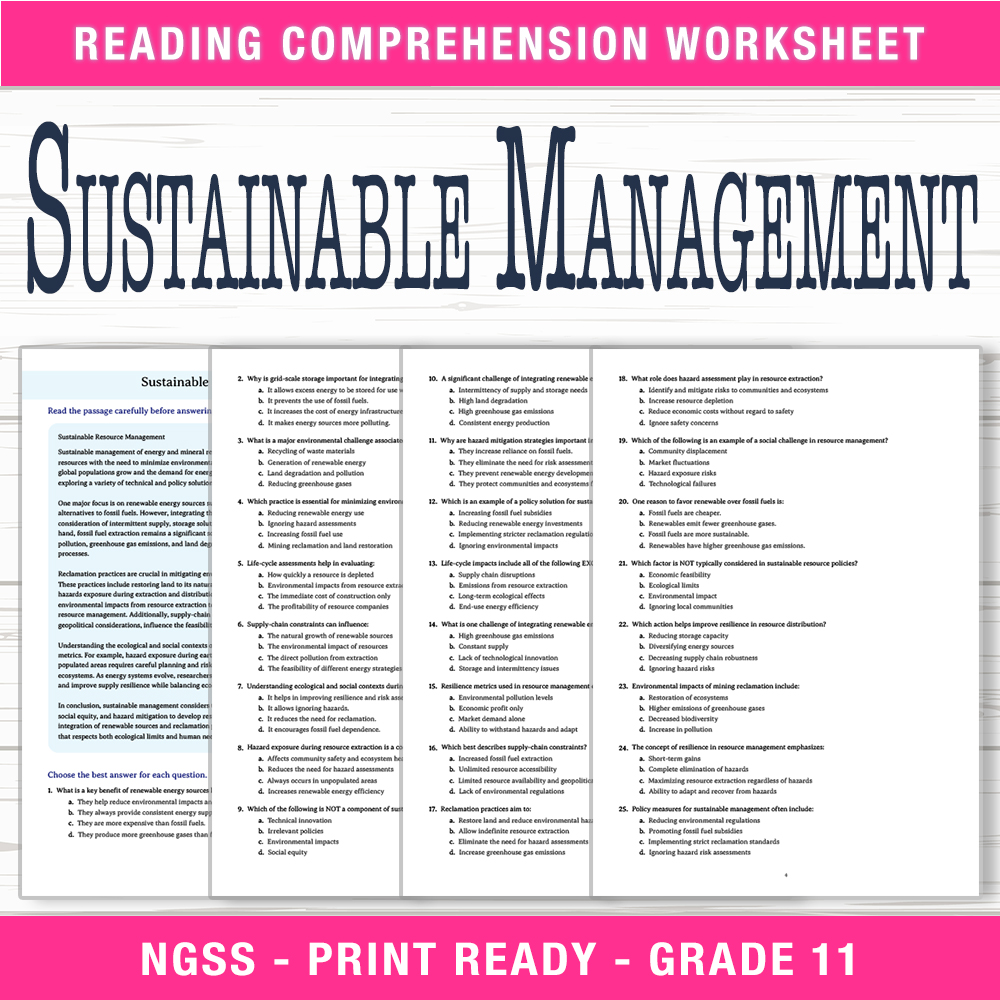 Grade 11 Science worksheet worksheet — Grade 11 Science | Sustainable Management Worksheet (PDF + Answer Key) — page 1