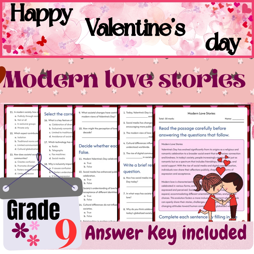 Grade 9Seasonal Valentine’s Day Worksheets|Cultural, Ethical, Modern Love Bundle — included worksheet 2