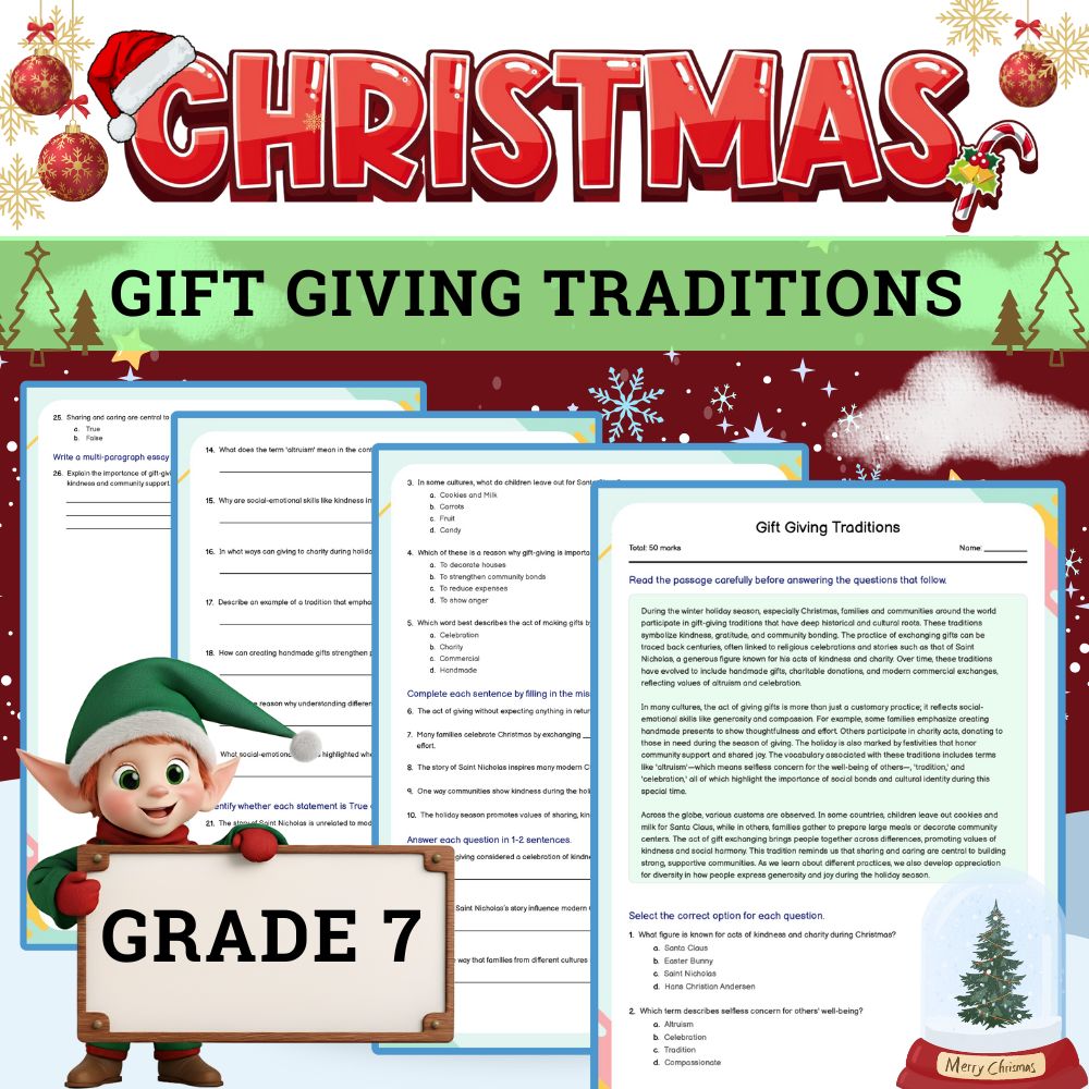 Grade 7 Holiday Traditions Worksheet |Gift Giving Concepts & Cultural Practices 