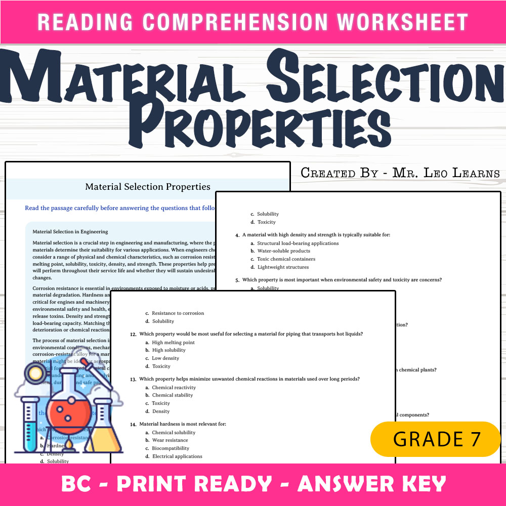 Grade 7 Science worksheet mcq paper worksheet — Grade 7 Science — Material Selection Properties Worksheet MCQ PDF + Answer…