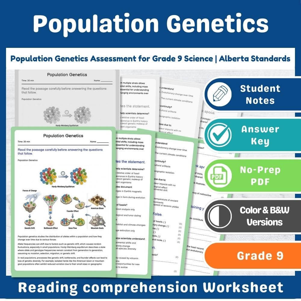 Grade 9 Science assessment worksheet — Population Genetics Assessment for Grade 9 Science | Alberta Standards — page 1