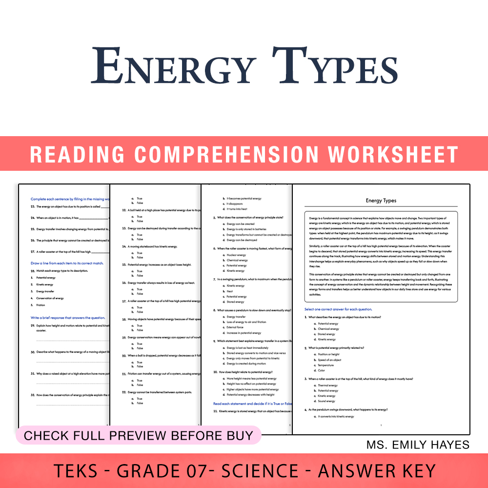 Grade 7 Science worksheet worksheet — Grade 7 Science | Energy Types Worksheet (PDF+ Answer Key) — page 1