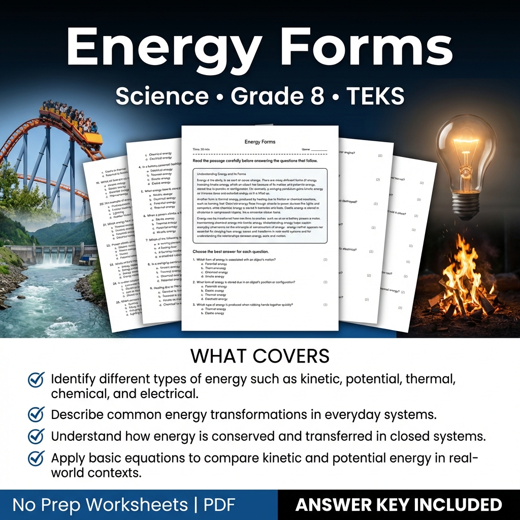Grade 8 Science worksheet — Grade 8 Science Energy Forms Worksheet | TEKS-Aligned Practice & Answer Key